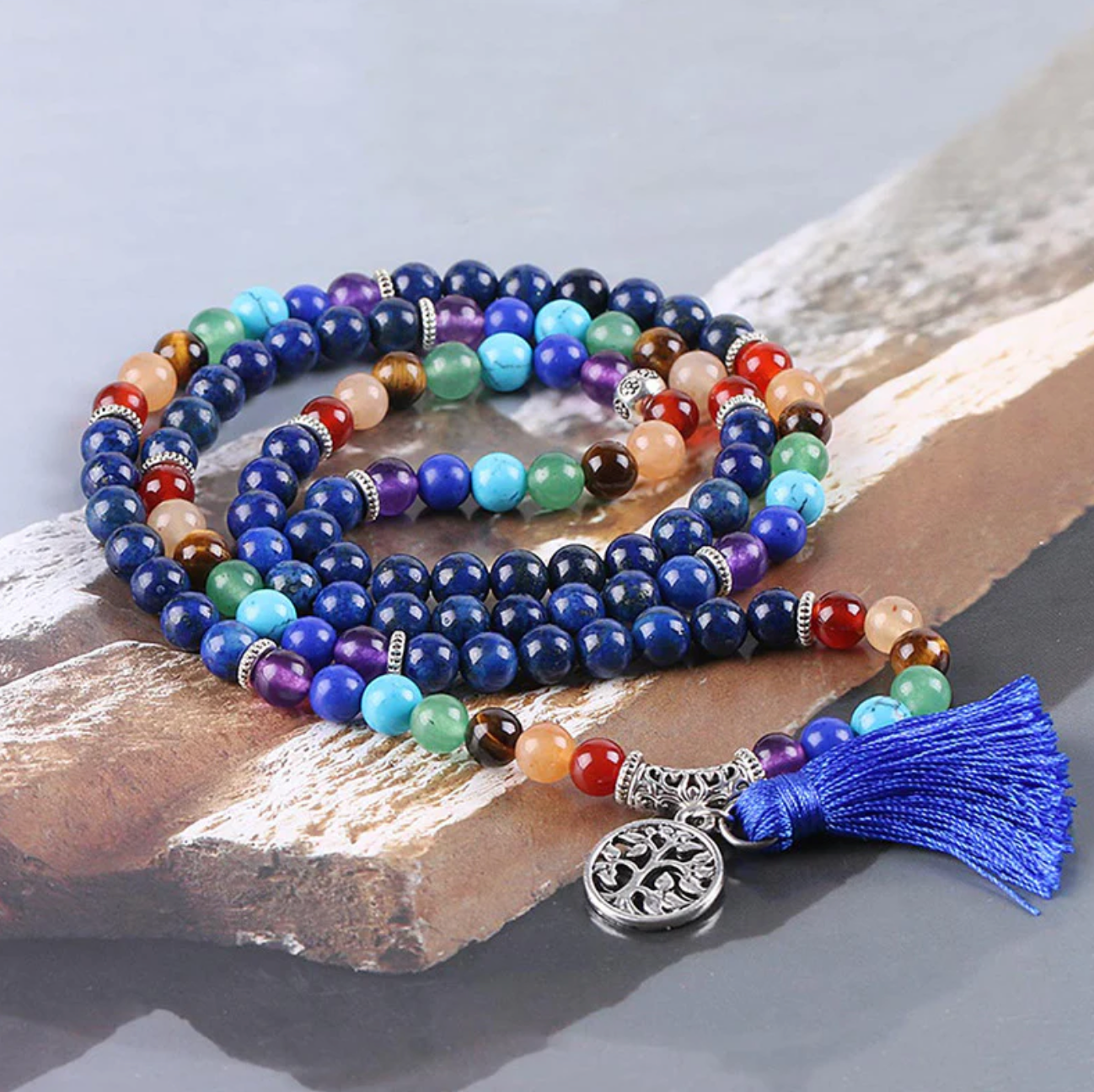 Mâla Tibétain “Clarté & Équilibre” – Lapis Lazuli & 7 Chakras