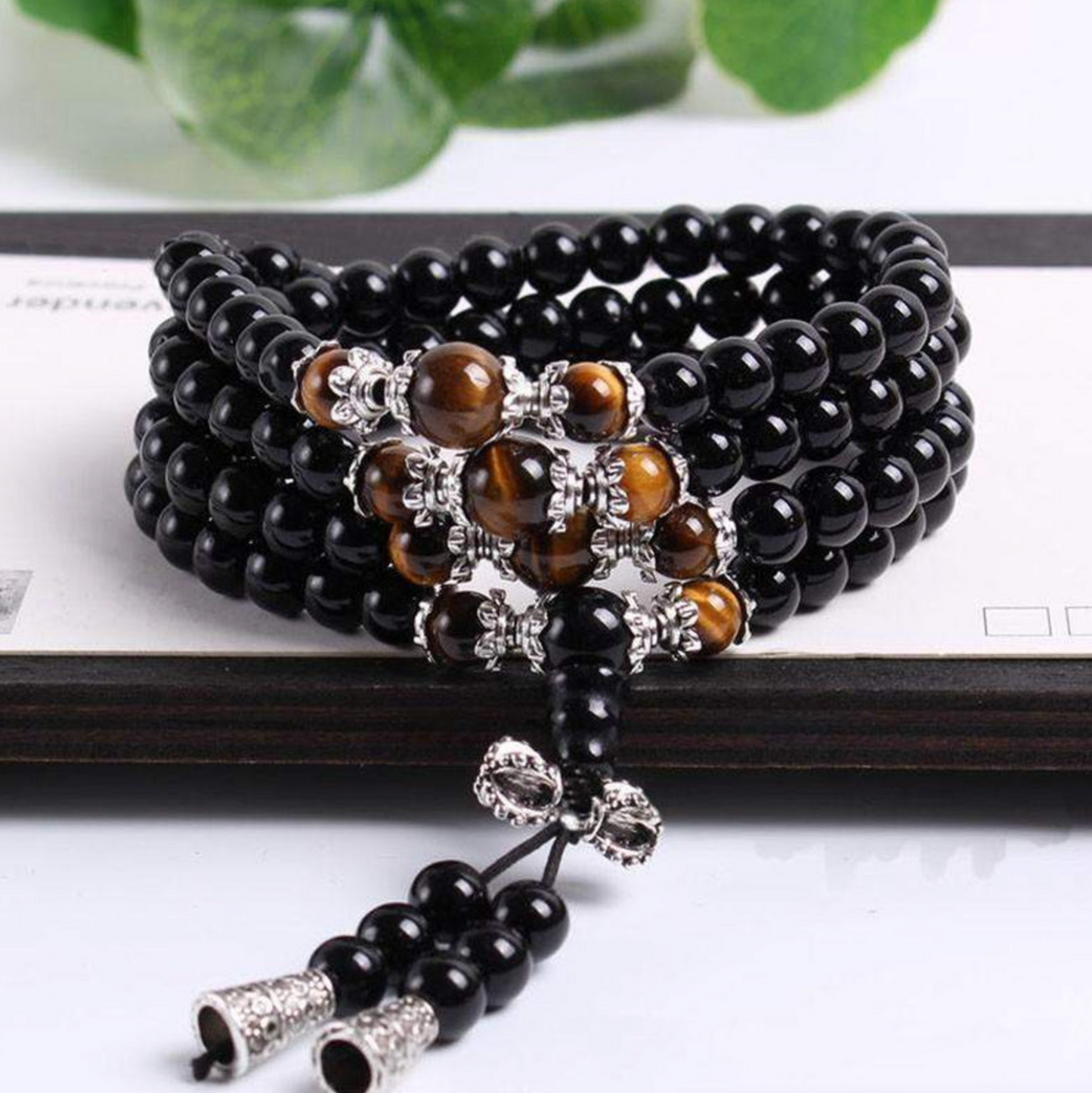 Bracelet Mâla Tibétain “Force & Protection” – Œil de Tigre & Obsidienne Noire 2