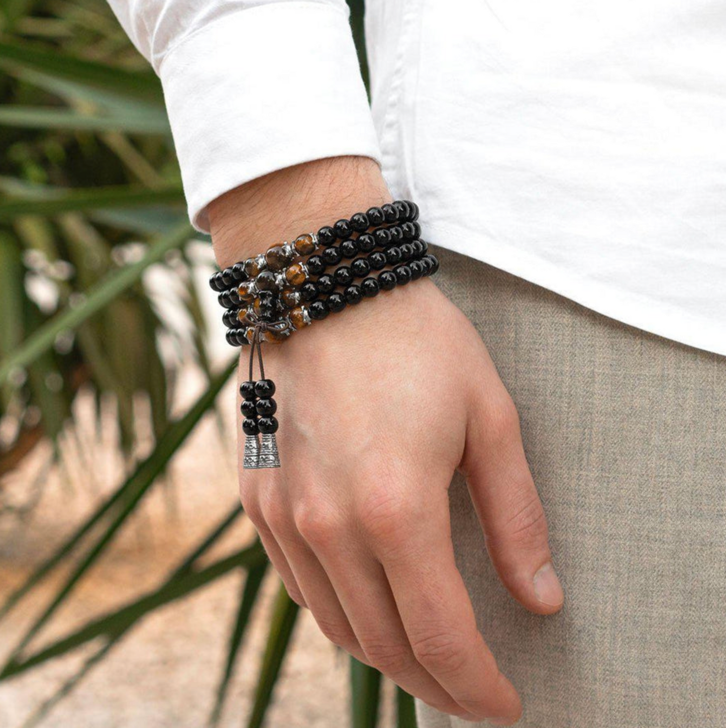 Bracelet Mâla Tibétain “Force & Protection” – Œil de Tigre & Obsidienne Noire 3