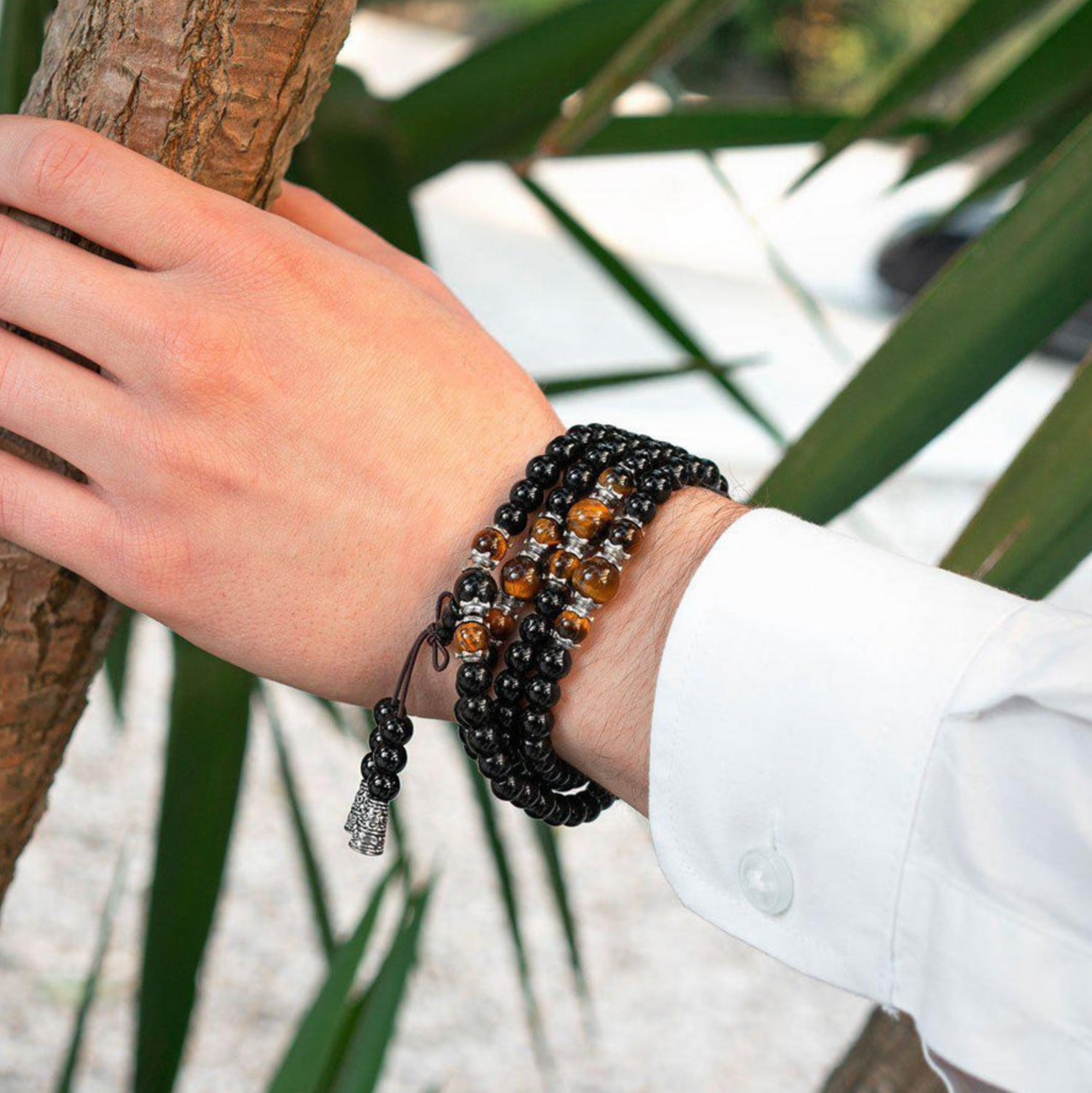 Bracelet Mâla Tibétain “Force & Protection” – Œil de Tigre & Obsidienne Noire 6