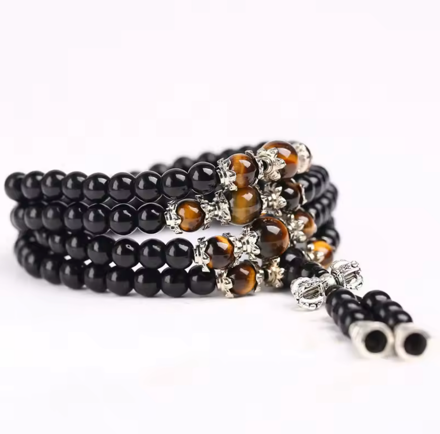 Bracelet Mâla Tibétain “Force & Protection” – Œil de Tigre & Obsidienne Noire 8