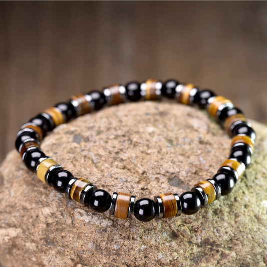 Bracelet en obsidienne noire et hématite naturelle pour protection et équilibre énergétique